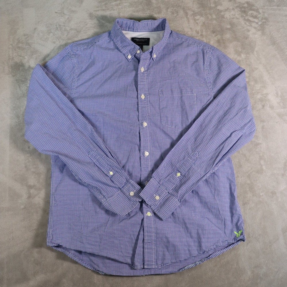 American Eagle Mens Large Blue Gingham Check Button Down Shirt Long Sleeve L
